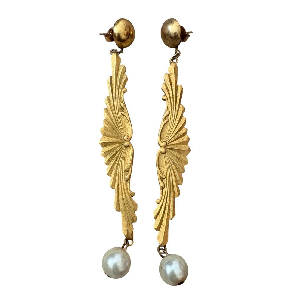 Vintage Gold Filled Art Deco Fan Wing‎ Drop Earrings with Faux Pearl 4" Long